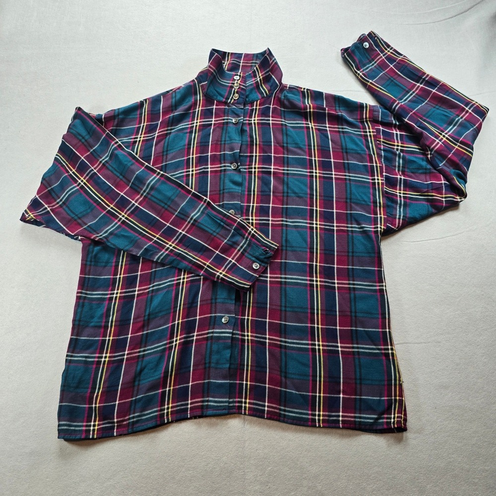 Ralph Lauren Womens Plaid High Ruffle Neck Button Down Shirt Teal Burgundy 10